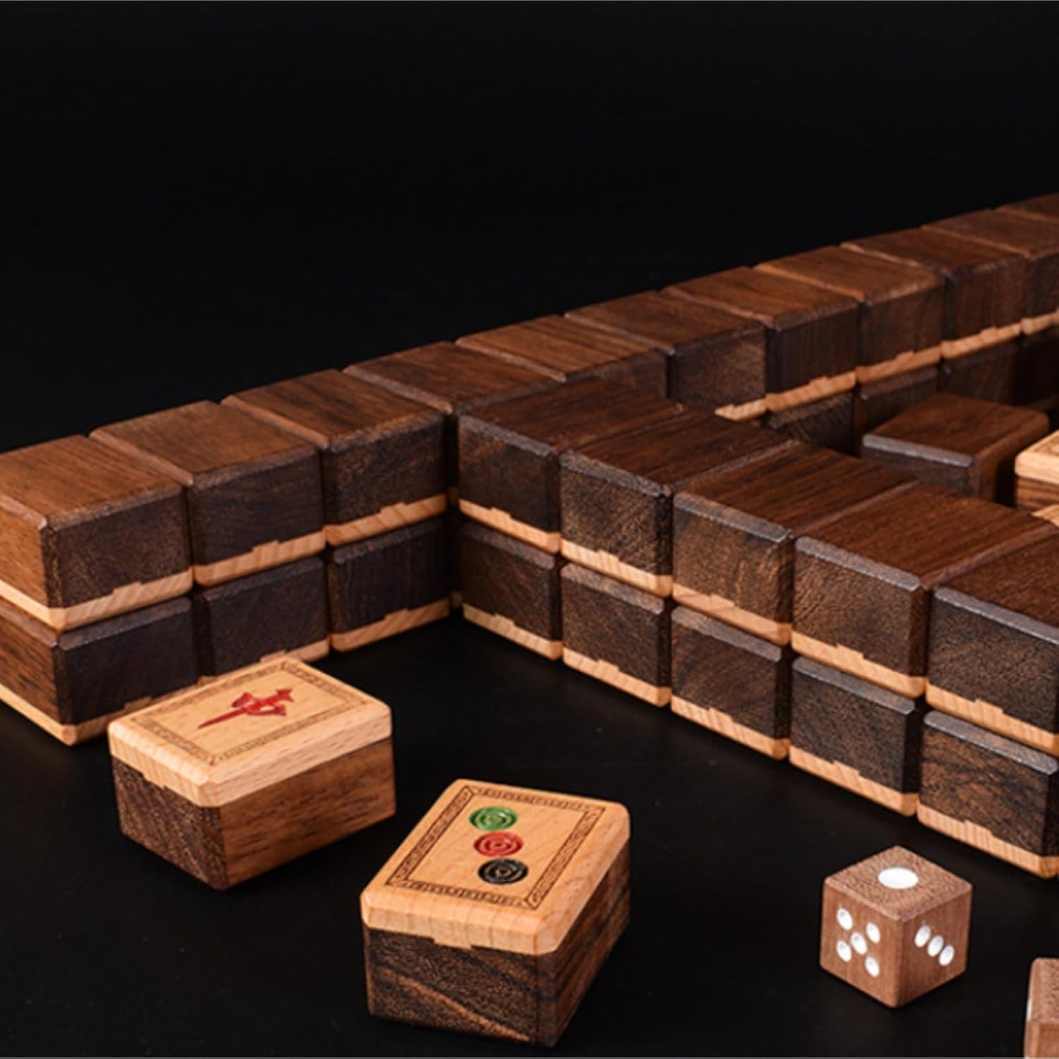 麻雀セット - 144個の刻印タイル - クラシック中国麻雀 - ゴールド